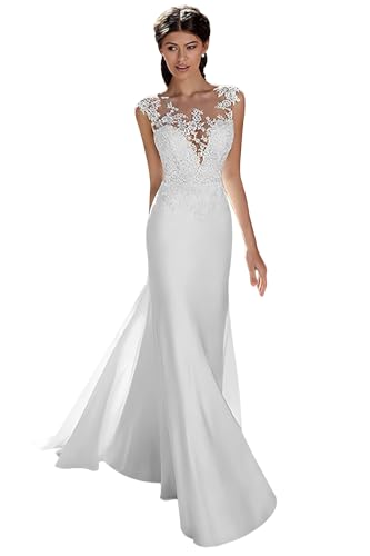 Image of White Lace Applique Wedding Dress for Bride Engagement Column Chiffon Long Formal Bridal Dresses Elegant Tulle Sheath Wedding Gown for Women US16
