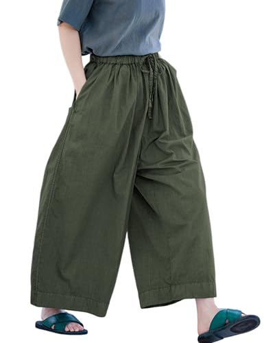 Bankeng Women's Loose Wide Leg Baggy Pants Solid Color Elastic Waist Capri Palazzo Pants