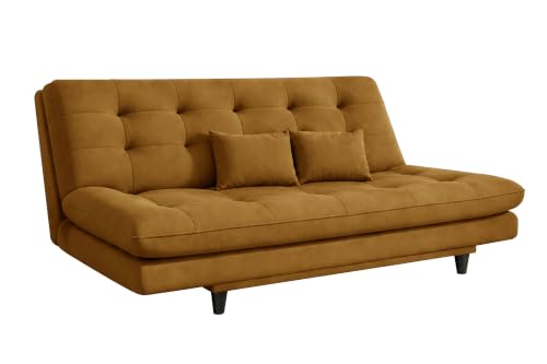 Image of 3-Seater Velvet Sofa Cum Bed | Tufted Convertible Sleeper Sofa | Plush Cushioned Seating | Space-Saving Design for Living Room, Bedroom & Office | Golden