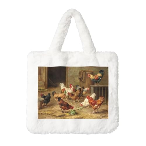 ESNAIUVCD Sac à main en peluche imprimé poule rôti - Sac à bandoulière pour femme - Sac fourre-tout en fourrure, blanc, Taille unique