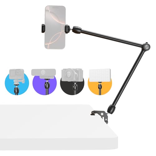 Morsetto versatile: il morsetto a granchio può aprirsi fino a 50 mm, adatto per il fissaggio su normali scrivanie e su tubi rotondi come treppiedi, maniglie stabilizzatrici e altro ancora. Il morsetto è progettato con una guarnizione in silicone all'imboccatura per garantire una forza di bloccaggio e prevenire danni all'oggetto da bloccare.