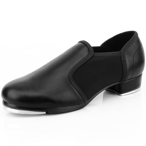Keemi Adult Tap Shoes Leather Slip On Tap Dance Shoes for Women, Black