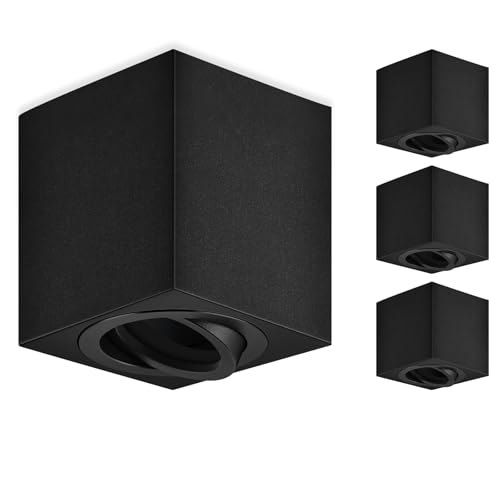 GeyouLux Set of 4 Adjustable Surface-Mounted Spotlights, GU10 230 V, Ceiling Spotlights Diameter 80 x 84 mm, LED GU10 Socket, Downlight Lamp for GU10 and LED Modules, Black-Square