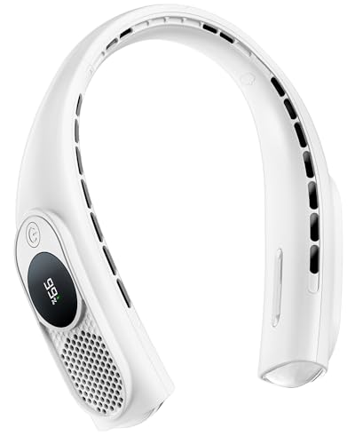 JIAGE Neck Fan, Bladeless Wearable Hands-Free Portable Fan, 5200mAh Rechargeable, 360° Cooling with 3 Speeds, Ultra-Quiet Personal Fan LED Display, Idea for Home, Office, Travel, Sports- White