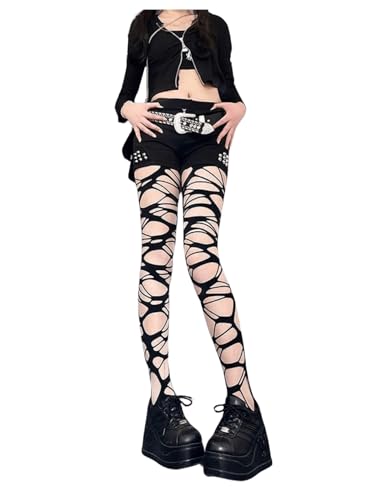 SHENHE Women's Ripped Tights Gothic Punk Hollow Distressed Y2k Tights Stockings Pantyhose