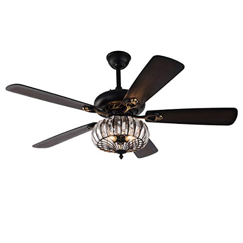Flhonudi 52inch Crystal Ceiling Fan,3-Light Black Iron Caged Ceiling Fan