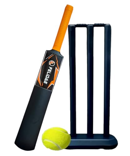 Image of FELIDAE (Size - 3) PRO Orange Kids Plastic Cricket Bat Kit (6 to 12 Years) 1 Tennis Ball / 1 Plastic Bat /Full Wicket Set for Kids