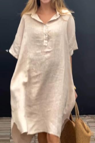 Image of chouyatou Women's Summer Casual Linen Beach Tunic Dress Loose High Low Midi Long Polo T Shirt Dress
