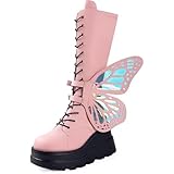 chunky shoes Platform Boots for Women Handsome Goth Thick Boots Women's Motorcycle Winter Punk Style High Knee High Chunky Heel Gothic Boot Combat Booties Zip gothic shoes women Light Pink 5.5