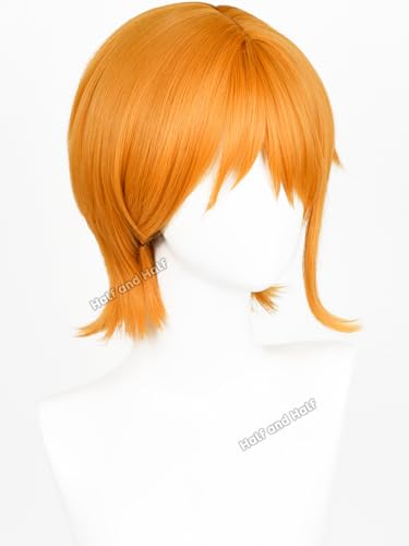 Image of Half and Half Short Orange Anime Wig for Women Vibrant Orange Cosplay Female Wig with Bangs Pirate Costume Wigs for Halloween Party Daily