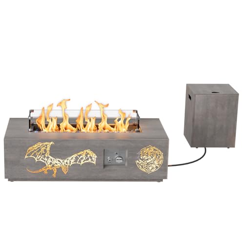 2-Piece 42" LED Rectangular Propane Fire Pit for Outside Patio with Hidden Tank Table, 50,000 BTU Fireplaces with Glass Wind Guard, Lid, Glass Rocks, Cover(Dragon w/Warm Light