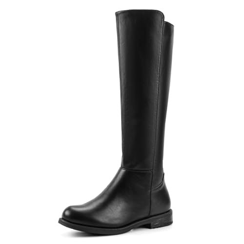 Shoe'N Tale Women's Knee High Boots Flat Low Heel Stretchy Round Toe with Side Zipper