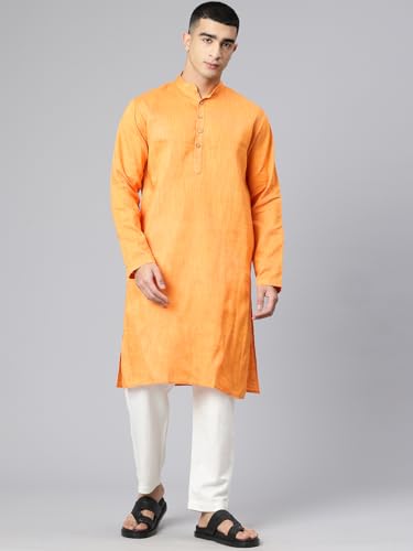 Image of Majestic Man Men's Cotton Regular Fit Traditional Mandarin Collar Ethnic Motifs Solid Long Kurta