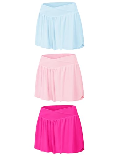 EXARUS 3 Pack Girls Butterfly Shorts Crossover Flowy Cheer Dance Athletic Flutter with Pockets Running Light Blue Pink Purple 10Y