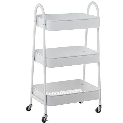 DRW Carrito de Almacenamiento con 3 baldas de Metal en Blanco 44x31.5x79.5 cm