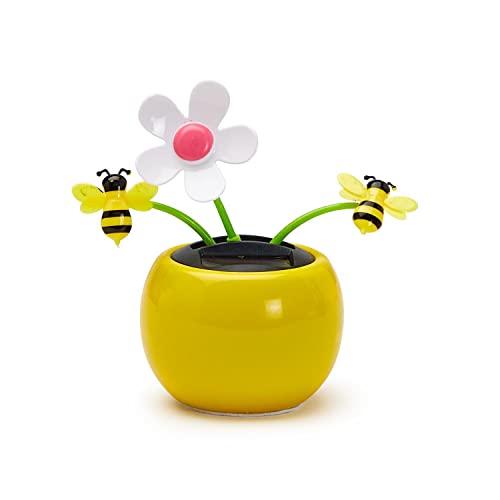 Two's Company Bee Happy Solar Powered Dancing Daisy and Bees Figurine, 4.5-inch Height, Plastic