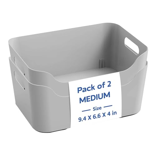 Image of KOLORR Jolly Plastic Medium Baskets with Handle for Storage Box| Multipurpose Light Weight Plastic Baskets organiser for Make-up Stationary Cosmetics Kitchen Livingroom Bathroom | Pack of 2 - Grey