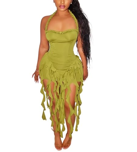 Image of Aro Lora Womens Sexy Halter Neck Sleeveless Ruffle Tassel Party Club Bodycon Mini Dress