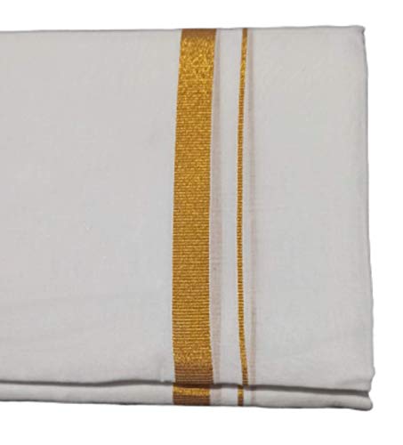 Image of SMT Traditional Men's Cotton Double Dhoti with Gold Border (White, Free Size )
