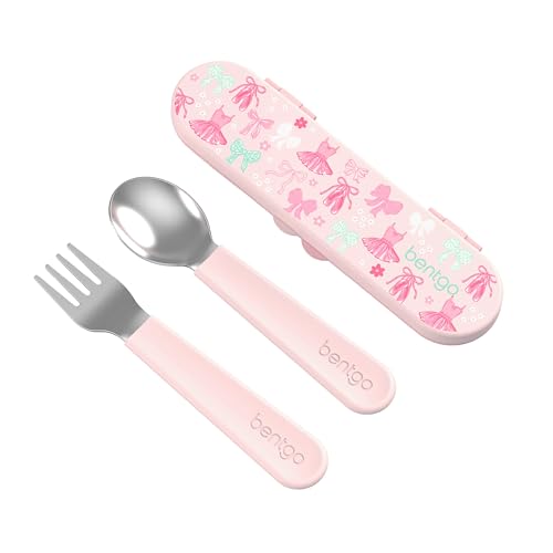 Image of Bentgo Kids Stainless Steel Utensil Set - Reusable Fork, Spoon & Storage Case, PFAS- & BPA-Free, Easy-Grip Handles, Lightweight, Dishwasher Safe, School Lunch, Travel & Outdoors (NEW Ballet and Bows)