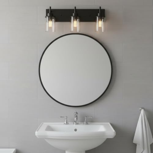 Image of Vanity Light Fixtures, Matte Black Bathroom Light Fixtures Over Mirror, Modern Wall Sconces Lamp with Clear Glass Shade (3 Light)
