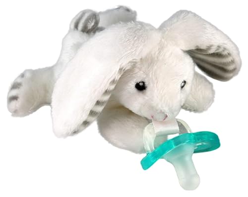 Image of RaZbaby JollyPop Pacifier, Holder with Detachable Baby Pacifier, Stuffed Animal RaZbuddy, All Ages 0M+, 100% Medical Grade USA Made Silicone, Machine Washable, Textured & Easy to Hold – Bunny