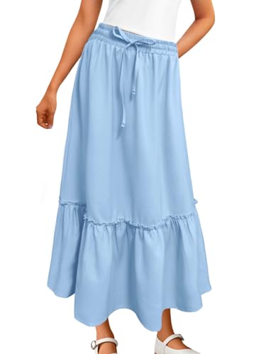 Image of Girls High Waisted Ruffle Maxi Skirt Soft Cotton Long Skirts with Elastic Waistband for Kid Girl 3-12 Years