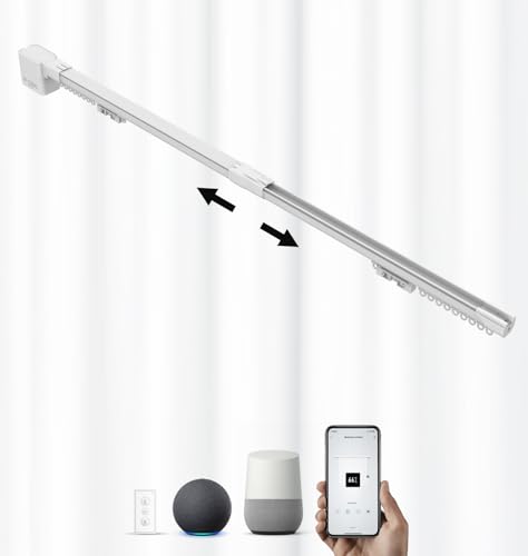 ACRIMO Kit Riel de Cortina Extensible Motorizado Ancho 1-1,6 Metros FabTrack, Apertura Central de las Cortinas, Motor Wifi y Control Remoto, Compatible con Google Home, Alexa y App Tuya Smart