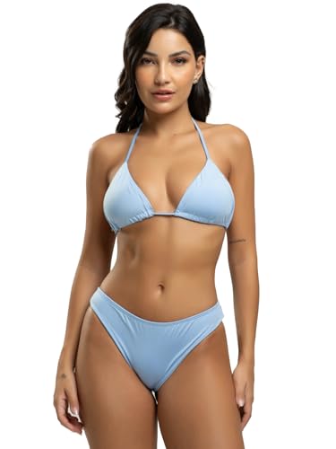 Biquini Cortininha Calcinha Comum Tecido Proteção Uv 50+ (BR, Alfa, P, Regular, Azul Serenity)