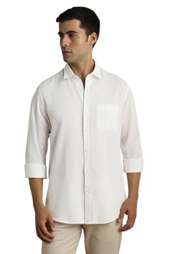 Image of Peter England Men's Solid Linen Blend Shirt Slim Fit| Casual Wear | Full Sleeves