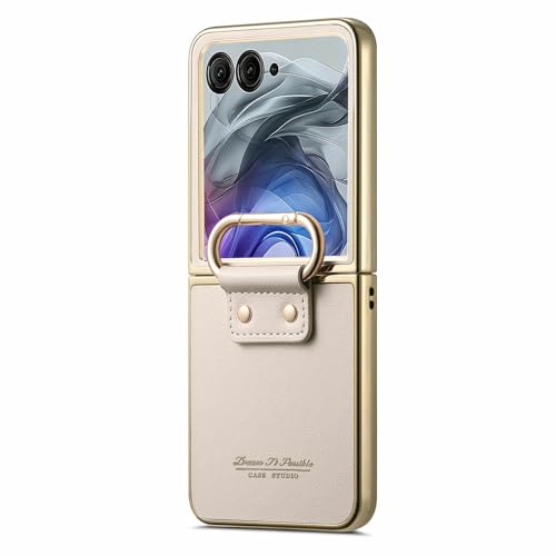 Image of for Motorola Razr 50 Ultra 5G Case Electroplating Leather Coated PC Phone Cover with Spring Ring Buckle Kickstand - White