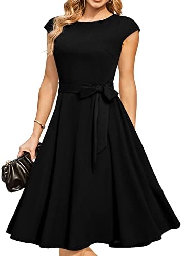 DRESSTELLS Vintage Tea Dress for Women, 1950s Cocktail Party Dresses, Modest Bridesmaid Dress for Wedding, Fit Flare Prom Dress, Casual Aline Work Dress Black XL