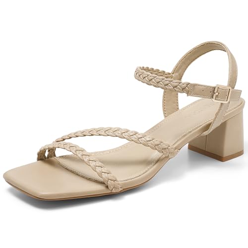 Greatonu Women's Braided Strappy Heeled Sandals 1.97 inch Low Chunky Block Heels Square Open Toe Ankle Strap Sandal Heels Dressy Sandals 2025 Party Wedding Prom Shoes