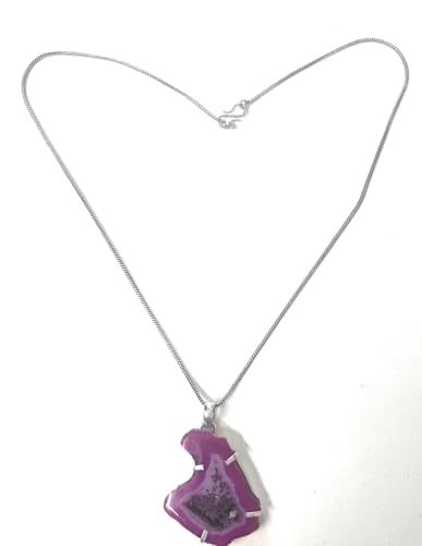 Image of Pink Agate Druzy Pendant Necklace, Natural Stone, brass Chainsilver coated Geode Jewelry