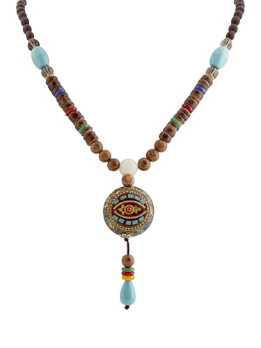 MINACHI Boho Wooden Beads Long Necklace with Evil Eye Pendant, Unique Jewelry Gift for Women