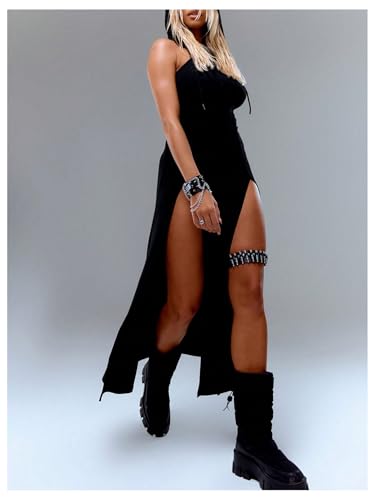 GORGLITTER Women's Gothic Double Slit Hooded Rave Dress Sexy Y2k Sleeveless Goth Grunge Bodycon Maxi Dresses 20253