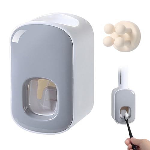 Automatic Toothpaste Dispenser with Hook Waterproof Wall-Mounted Toothpaste Holder Dust Free & Easy to Clean Toothpaste Dispenser Bathroom & Washroom Accessories for Kids Adults (Grey+Silicone hook)
