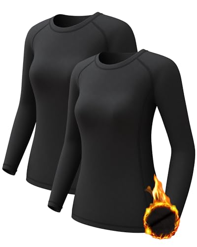 Women's Thermal Athletic Shirts Long Sleeve Compression Baselayer Tops for Cold Weather 2 4 Pack, XX Large, 2 Black
