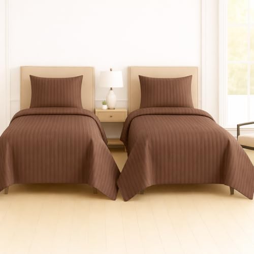 Image of DECOR2ADMIRE 300 Thread Count Premium Glace Cotton Plain Stripe Single Bedsheet with One Pillow Cover (60 inch x 90 inch) (Coffee, Pack of 2)