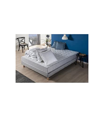 DEKO DREAM Pack Pret a Dormir Zen - Matelas + sommier 140x190 + Couette + 2 oreillers