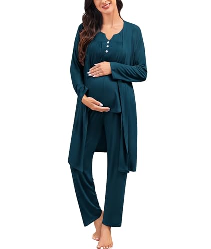 Image of SWOMOG Maternity Nursing Pajamas Set 3 Piece Breastfeeding 3 in 1 Labor Delivery Sleevless Tops Long Pants Pregnancy Pjs