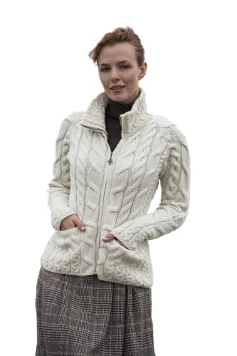 Irish Shaped Zipper Wool Cardigan With Mock Turtleneck (Large, Natural) #TOP3
