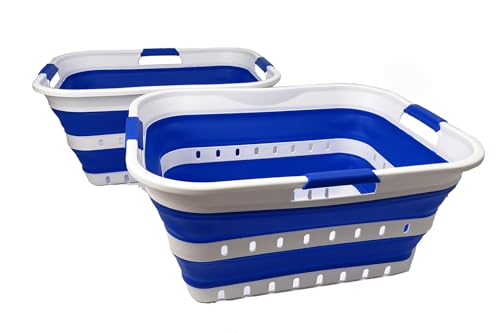Image of SAMMART 42L (11 gallons) Set of 2 Plastic Foldable Storage Basket /Container - Collapsible, Space Saving and Portable Laundry Hamper, Ideal for Home, Travel, Dorm (2, White /Dark Blue)
