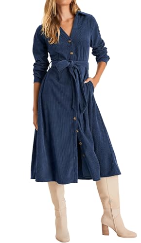 R.Vivimos Herbst Winter Damen Langarm Button Down Midikleid V Ausschnitt Krawatte Taille Cordkleider Lange Hemdkleid Mit Taschen(M,Navyblau)