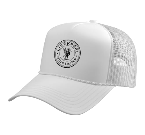 Liverpool United Kingdom Liver Bird Black Postage Stamp Trucker Hat with Adjustable Mesh Back, White