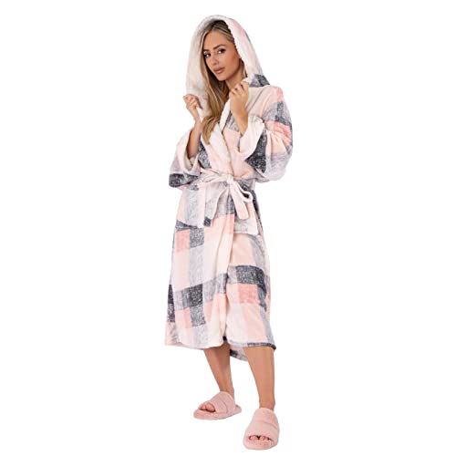 Dreamscene Winter Check Tartan Print Sherpa Flannel Fleece Soft Warm Dressing Gown Hooded Robe, One Size - Blush Pink