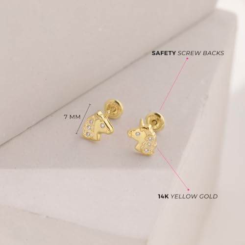14k Yellow Gold Clear Cubic Zirconia Unicorn Screw Back Earrings For Toddlers and Little Girls - Sweet Unicorn Earrings For a Young Girls Special Birthday - Safety Screw Back Girl Earrings4