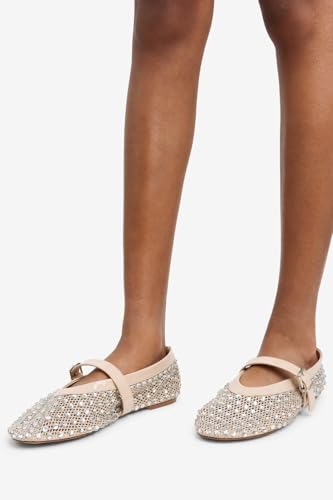 LEMONADE Women's Diamante Fishnet Detail Buckle Strap Flat Ballet Pump4