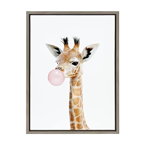 Kate and Laurel Sylvie Bubble Gum Giraffe Framed Canvas Wall Art By Amy Peterson Art Studio, 18x24 Gray, Decorative Zoo Animal Art for Wall