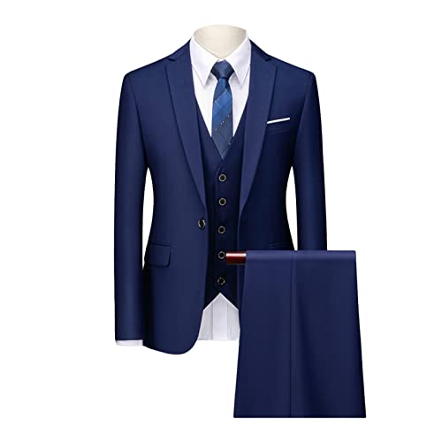 Men's 3 Piece Solid Color Suit Set Single Breasted Slim Fit Jacket Vest Pants Business Wedding Prom Blazer Sets (Dark Blue 1,4X-Large)